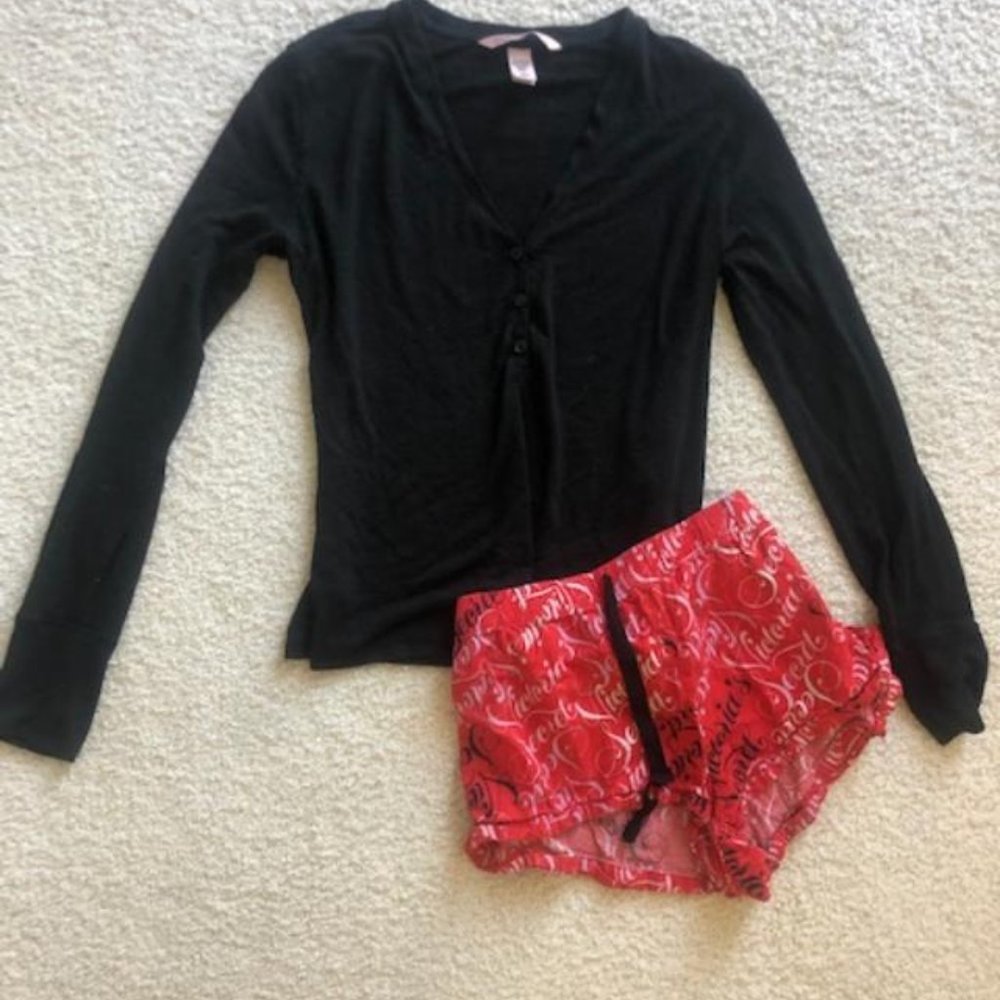 Victoria Secret Pajama Set Long Sleeve Black Top with Red Logo Shorts Sz Medium